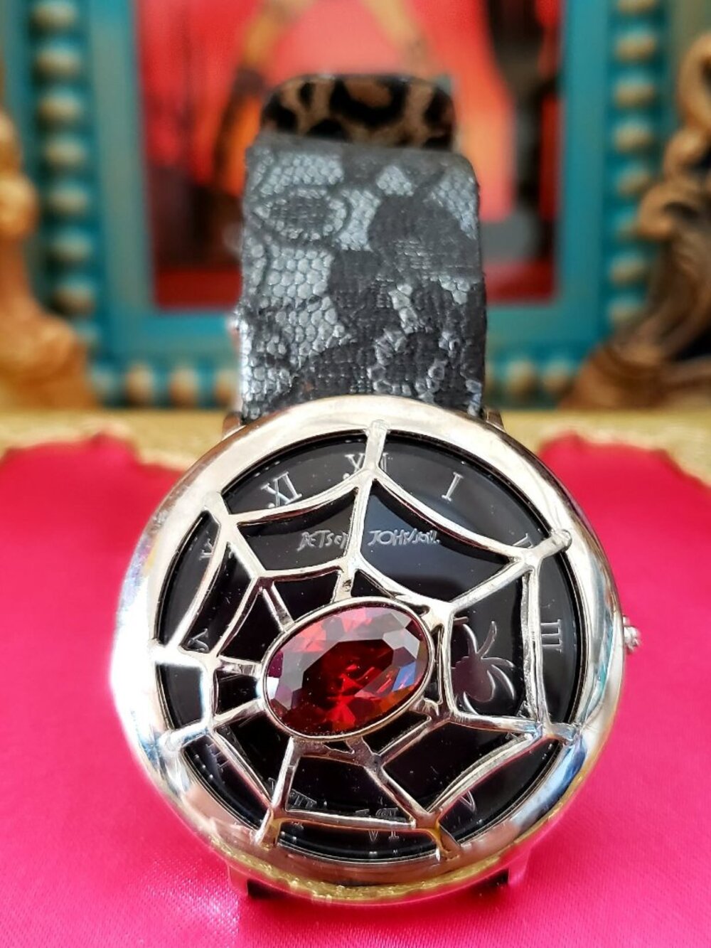 Vintage Betsey Johnson Spider Web Cage Watch Black Leather and Lace Red Crystal